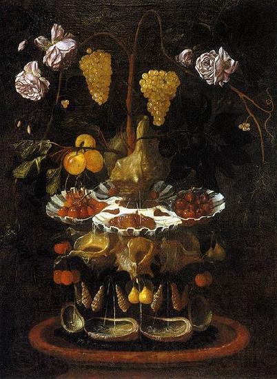 Juan de  Espinosa A fountain of grape vines, roses and apples in a conch shell Germany oil painting art